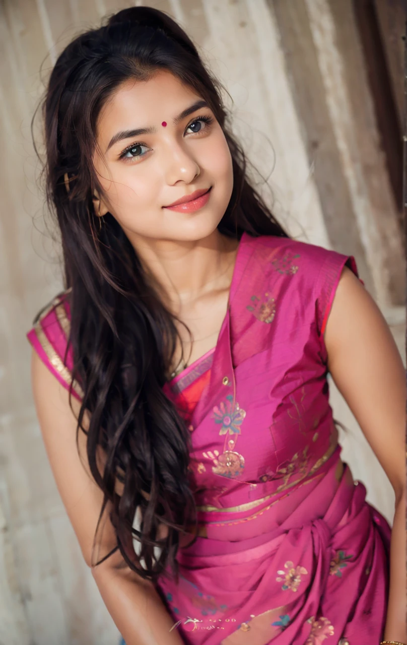 masterpiece, centered, 1 young Indian woman with a cute and radiant face, featuring exquisitely detailed eyes, expressing a mix of shyness and joy, dressed in vibrant traditional Indian attire. She has a slim figure and medium-sized breasts. Generate an 8k image, risbeauty indian,