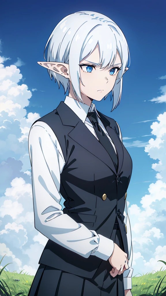 1girl ,solo,20s,mature female,serious face,short hair,elf ears,(grass),shirt,black standard tie,blue blazer,long sleeves, black pleated skirt,(upper body),frosty white Skin , Icy white hair ,Glacial blue eyes,made_of_ice