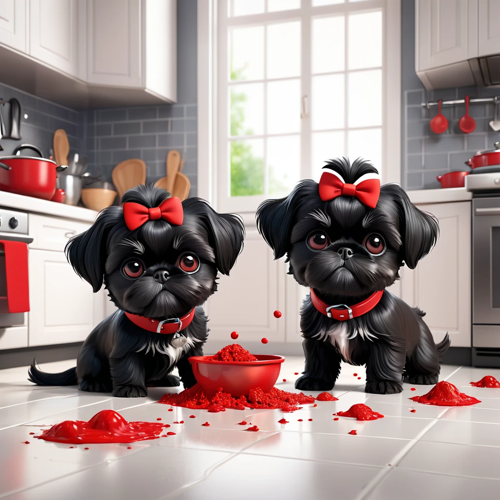 2 Adorable small black Shih Tzu puppies wearing red collars playing, making a mess in Disney kitchen 3d cartoon, 3d render, disney pixar style