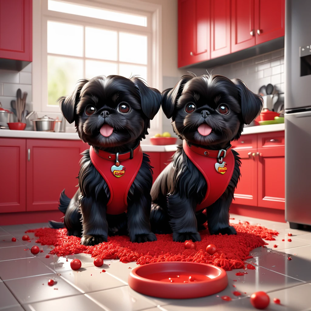 2 Adorable small black Shih Tzu puppies wearing red collars playing, making a mess in Disney kitchen 3d cartoon, 3d render, disney pixar style