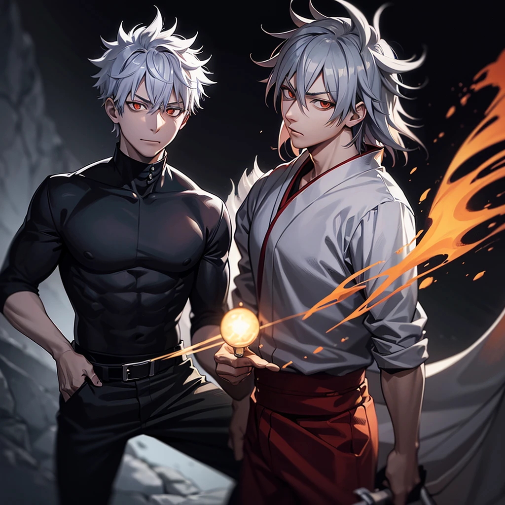 one japanese man, silver hair, orange eyes, high res, masterpiece, ultrasharp, jujustu kaisan style, jujutsu kaisen background, with a dragon