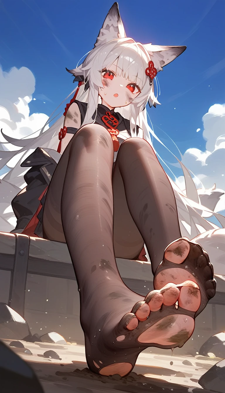 1 Girl,dirty,foot,foot底,Red Eyes,booobs,Solitary,Long hair,White hair,foot趾,foot部焦点,Looking at the audience,sit,Sweat,Open your mouth,dirty foot,outdoor,Sky,Bangs,blackpantyhose,Fox ears,There's mud on the body,Sailor Suit