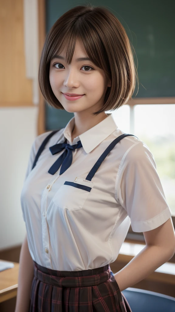 (8K, RAW photo, Best Quality, Masterpiece: 1.2), (Realistic, Photorealistic: 1.37), Ultra HD, 1 girl, Cute, Solo, Beautiful sky, Detailed cafe, Night, Sitting, date, (nose lip), (smile: 1.1), (closed), medium breasts, beautiful eyes, (collared shirt: 1.1), bow tie, pleated skirt, (short hair: 1.2), floating hair