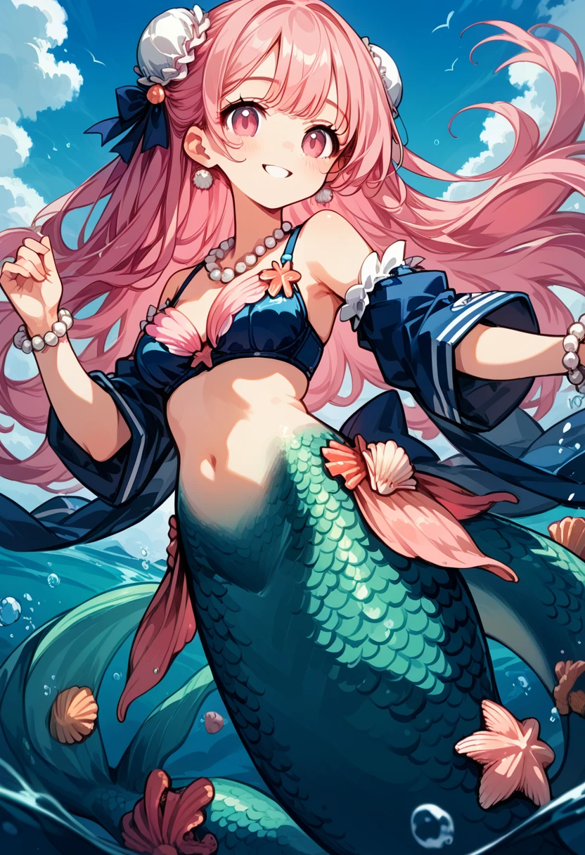 Very detailed, masterpiece, high quality, magically transformed into a mermaid、cute anthropomorphic mouse girl, Fantasy, Race change, smile, Anime Style, (((A long pink mermaid tail below the waistline))), Pink pelvic fin and pink dorsal fin,(((Seashell bra))), pearl earrings and bracelet, Pearl Necklace,masterpiece, 最high quality, High resolution, {Detailed and beautiful eyes}, finely, Detailed and beautiful eyes,1 Girl, (alone:1.5), (((Hair Ribbon:0.4)))), Pink Eyes,Cinematic Angles,perspective,(((White bun hair))),(((Long pink hair))),whole body,Kunimi Tama,