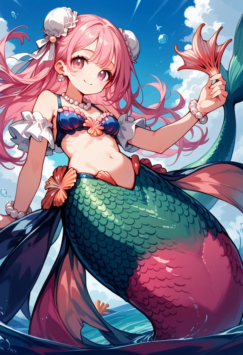 Very detailed, masterpiece, high quality, magically transformed into a mermaid、cute anthropomorphic mouse girl, Fantasy, Race change, smile, Anime Style, (((A long pink mermaid tail below the waistline))), Pink pelvic fin and pink dorsal fin,(((Seashell bra))), pearl earrings and bracelet, Pearl Necklace,masterpiece, 最high quality, High resolution, {Detailed and beautiful eyes}, finely, Detailed and beautiful eyes,1 Girl, (alone:1.5), (((Hair Ribbon:0.4)))), Pink Eyes,Cinematic Angles,perspective,(((White bun hair))),(((Long pink hair))),whole body,Kunimi Tama,