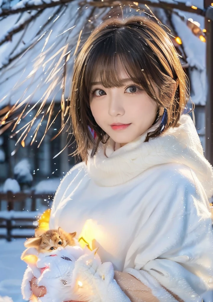 The wind is blowing、歯をみせるsmile、Blue Eyes、Holding a kitten、Photo from the waist up、Night city illumination shot、Cowgirl Shot、Fur coat、豪華なグレーのミンクのFur coat、Wear fine leather boots、Luxury Bags、Inner turtleneck、Silver necklace and small silver earrings Millionaire style:1.4））、Full body photo、smile、 Caustics、Highly detailed photos、Very beautiful woman 、Ample breasts、No makeup、(8K、RAW Photos、Highest quality、masterpiece:1.2)、(Realistic、Realistic)、1 Girl、((Medium Short Hair、Midwinter、Cold region Snow falling、The wind is blowing、Fluttering Hair、Blur the background、Colorful illuminations、Looking into the camera:1.4))、
