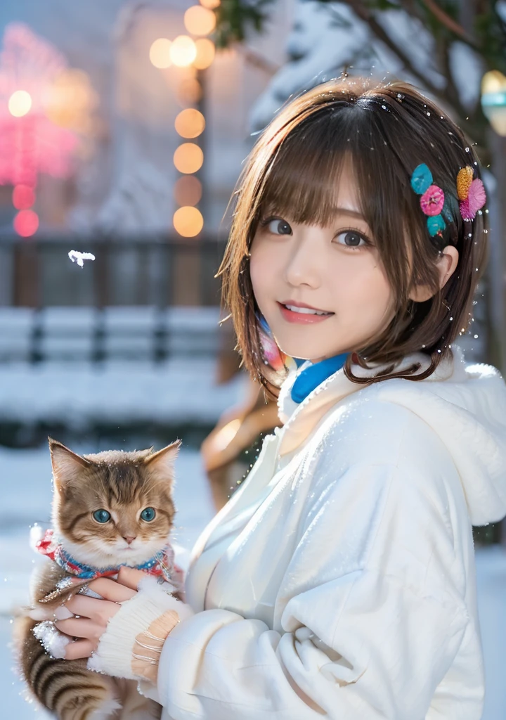 The wind is blowing、歯をみせるsmile、Blue Eyes、Holding a kitten、Photo from the waist up、Night city illumination shot、Cowgirl Shot、Fur coat、豪華なグレーのミンクのFur coat、Wear fine leather boots、Luxury Bags、Inner turtleneck、Silver necklace and small silver earrings Millionaire style:1.4))、Full body photo、smile、 Caustics、Highly detailed photos、Very beautiful woman 、Ample breasts、No makeup、(8K、RAW Photos、Highest quality、masterpiece:1.2)、(Realistic、Realistic)、1 Girl、((Medium Short Hair、Midwinter、Cold region Snow falling、The wind is blowing、Fluttering Hair、Blur the background、Colorful illuminations、Looking into the camera:1.4))、