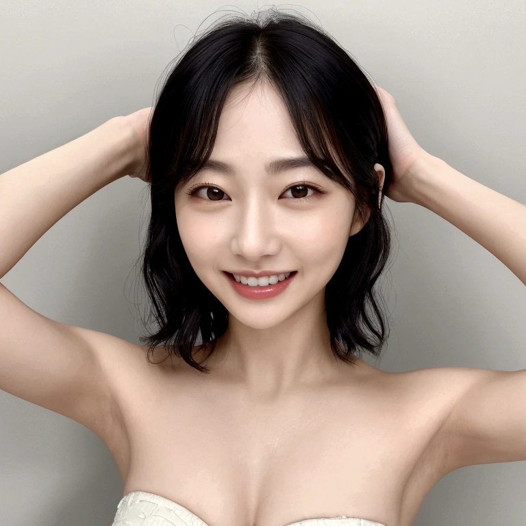 １people、Delicate skin quality、日本people、((Highest quality, 4K, Masterpiece: 1.3)), Beautiful style: 1.4, Short black hair, one piece, Large Breasts, Wet body, Sweaty, Place your arms on your hips, smile, Highly detailed face and skin texture, Fine grain, double eyelid、The whole body is visible、White teeth