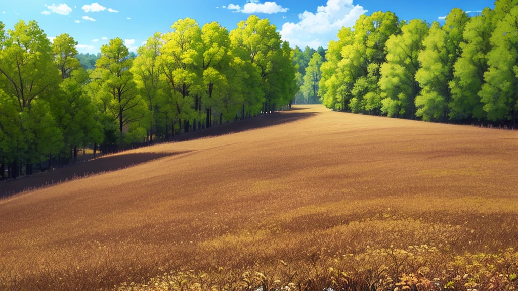 an open field with some trees and a clear sky