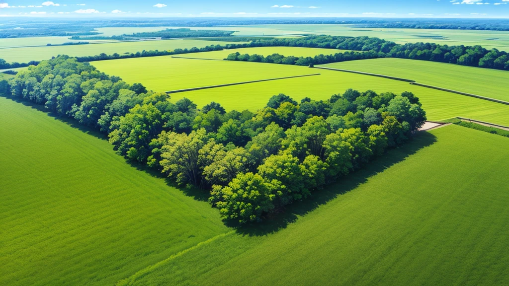 an open field with some trees and a clear sky