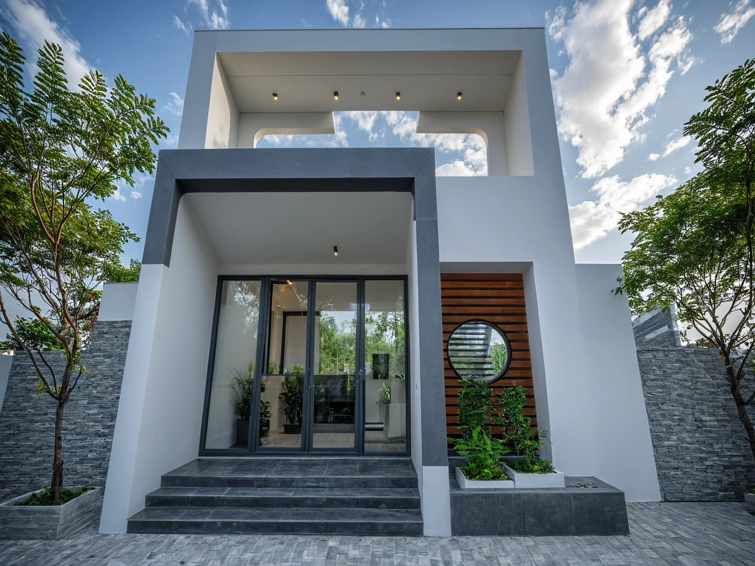 Raw photo, masterpiece, high quality, best quality, realistic, super detailed, outdoor, " 2-storey house " , modern Mezzanine house style, (white wall), curved wall facade, aluminum interior door glass, curved planter, gray tiled accent wall, gray iron box exterior gate, road, sidewalk, grass, trees, sky, clouds, (daylight):1.1)
