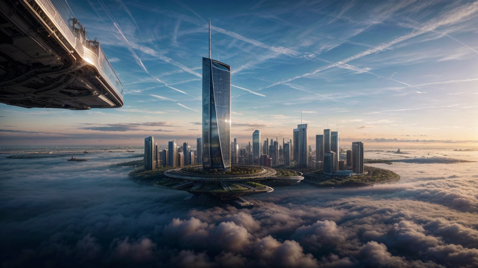 (Best quality,4K,8K,A high resolution,Masterpiece:1.2),Ultra-detailed,(Realistic,Photorealistic,photo-realistic:1.37),Futuristic floating city,Futuristic technology,Huge urban high-tech tablet platform,Airship,Floating in the sky,Futuristic city,Small airships around,High-tech hemispherical platform,Colorful lights,Advanced architecture,modernn architecture,skyscrapper,Access the cloud,Scenic beauty,view over city,Impressive design,Blend seamlessly with nature,energetic and vibrant atmosphere,Futuristic transportation system,Parking is suspended,Transparent path,Lush greenery,Sky gardens,cascading waterfalls,Magnificent skyline,reflections on the water,Sparkling river,Architectural innovation,futuristic skyscrapers,Transparent dome,The shape of the building is unusual,Elevated walkway,Impressive skyline,Glowing lights,Futuristic technology,Minimalist design,Scenic spots,Panoramic view,Cloud Piercing Tower,Vibrant colors,epic sunrise,epic sunset,Dazzling light display,magical ambiance,The future city,Urban Utopia,LuxuryLifestyle,Innovative energy,sustainable development,Smart city technology,Advanced infrastructure,Tranquil atmosphere,Nature and technology live in harmony,Awesome cityscape,Unprecedented urban planning,Architecture connects seamlessly with nature,High-tech metropolis,A cutting-edge engineering marvel,The future of urban living,Visionary architectural concept,Energy-efficient buildings,Harmony with the environment,A city floating above the clouds,Utopian dreams become reality,The possibilities are endless,State-of-the-art transportation network,Green energy integration,Innovative materials,Impressive holographic display,Advanced communication system,Breathtaking aerial view,Quiet and peaceful environment,Modernist aesthetics,Ethereal beauty