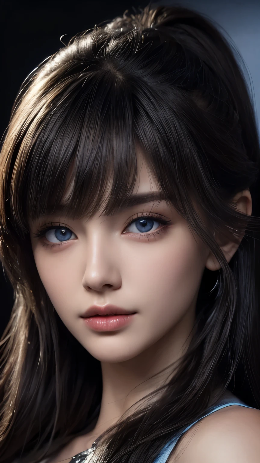 masterpiece, best quality, ultra-detailed, facing the camera head on, intricately detailed hyperdetailed, realistic, sharp features, highly detailed, sharp focus, perfect face, perfect face, perfect symmetrically perfect eyes, perfect full lips, flexible female form, cinematic, film light, hyper detailed, hyper realistic, masterpiece, atmospheric, high resolution, vibrant, dynamic studio lighting, nsfw, ((Dark background)), Sexy face, Facial expressions when receiving pleasure, straight Bangs, blue Eyes, black sweater,