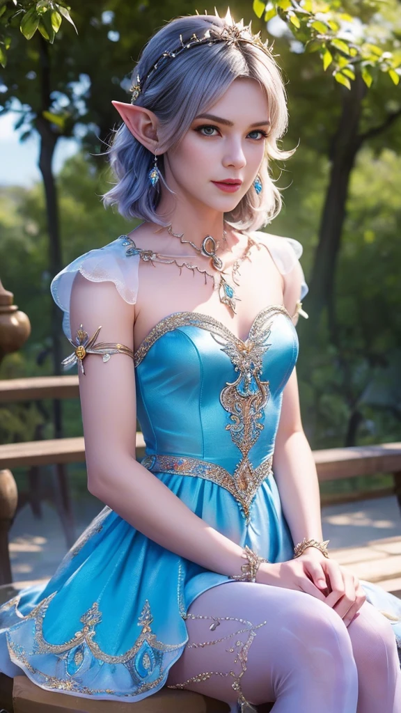 8k, masterpiece, a close up of a young man in a rainbow dress, perfect front body, bare thigh, ((very short spikey hair)), a beautiful fantasy empress, ((rainbow fantasy dress:1.5)), beautiful fantasy maiden, fantasy art style, trending on cgstation, beautiful and elegant elf king, beautiful elf, shining skin, intricate ornate anime cgi style, ((a beautiful rainbow emporer)), beautiful alluring Realistic woman, shining skin, in the park, sun shining, Realistic shadow, front capture, sitting,