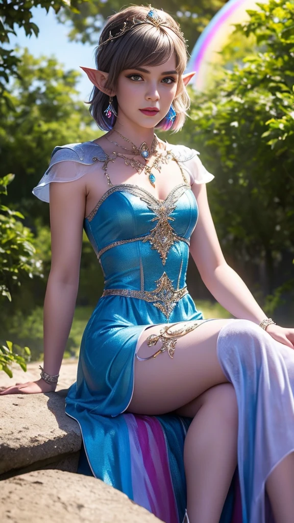 8k, masterpiece, a close up of a young man in a rainbow dress, perfect front body, bare thigh, ((very short spikey hair)), a beautiful fantasy empress, ((rainbow fantasy dress:1.5)), beautiful fantasy maiden, fantasy art style, trending on cgstation, beautiful and elegant elf king, beautiful elf, shining skin, intricate ornate anime cgi style, ((a beautiful rainbow emporer)), beautiful alluring Realistic woman, shining skin, in the park, sun shining, Realistic shadow, front capture, sitting,