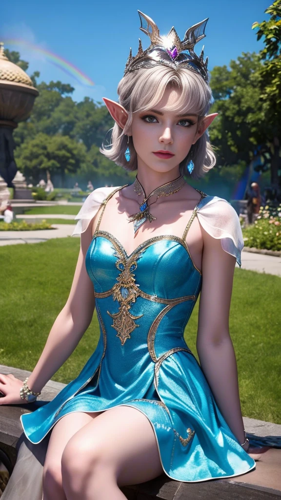 8k, masterpiece, a close up of a young man in a rainbow dress, perfect front body, bare thigh, ((very short spikey hair)), a beautiful fantasy empress, ((rainbow fantasy dress:1.5)), beautiful fantasy maiden, fantasy art style, trending on cgstation, beautiful and elegant elf king, beautiful elf, shining skin, intricate ornate anime cgi style, ((a beautiful rainbow emporer)), beautiful alluring Realistic woman, shining skin, in the park, sun shining, Realistic shadow, front capture, sitting,