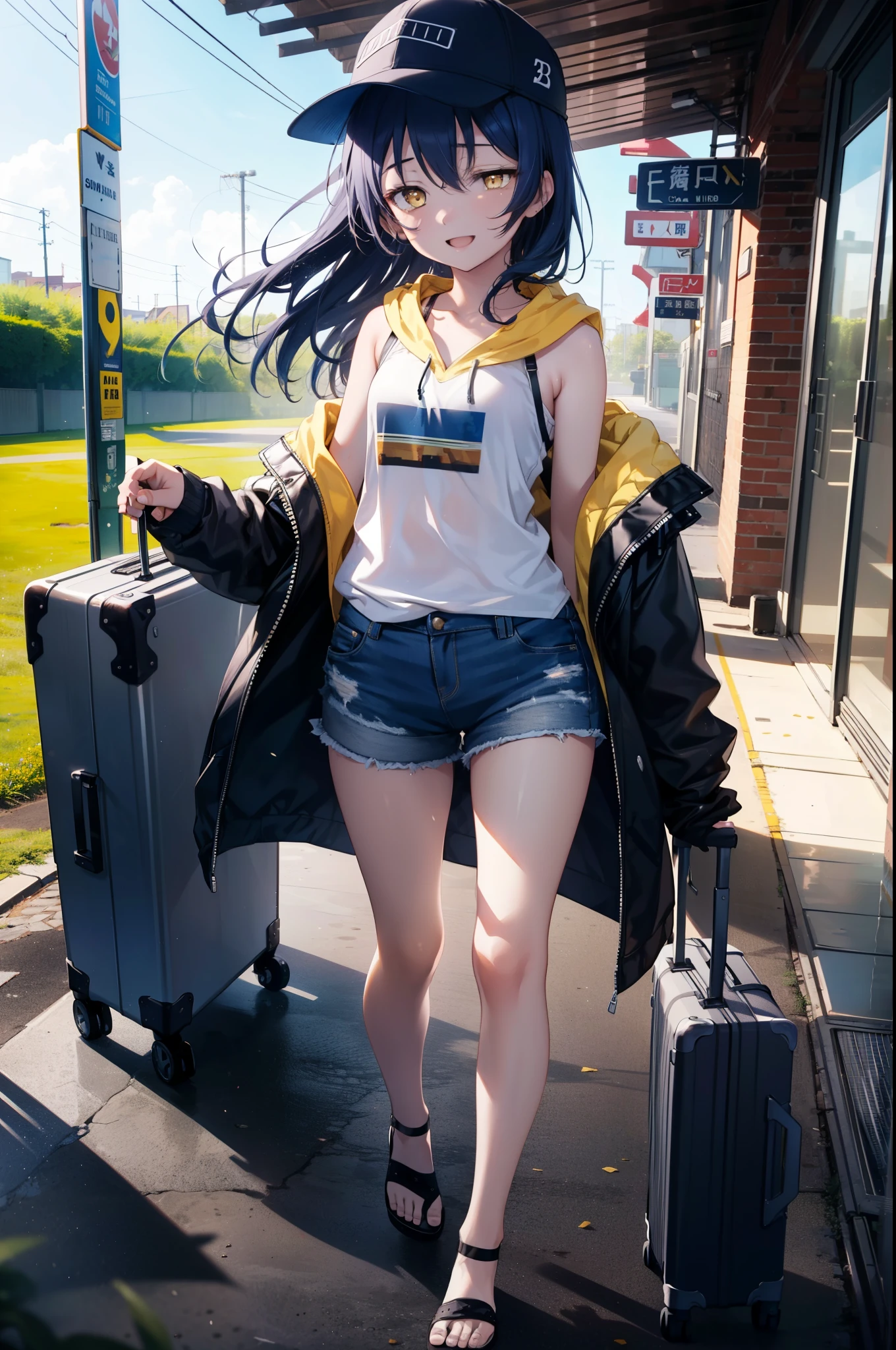 Umi Sonoda, Long Hair, Blue Hair, (Yellow Eyes:1.5) (Flat Chest:1.2),happy smile, smile, Open your mouth,Baseball hats,Sleeveless blue hoodie,Open front,White Tank Top,Shorts,Sandals,Push-type suitcase,Walking,Daytime,Clear skies,True Summer,whole bodyがイラストに入るように,
break looking at viewer,whole body,
break indoors, countryside,
break (masterpiece:1.2), Highest quality, High resolution, unity 8k wallpaper, (figure:0.8), (Beautiful attention to detail:1.6), Highly detailed face, Perfect lighting, Highly detailed CG, (Perfect hands, Perfect Anatomy),