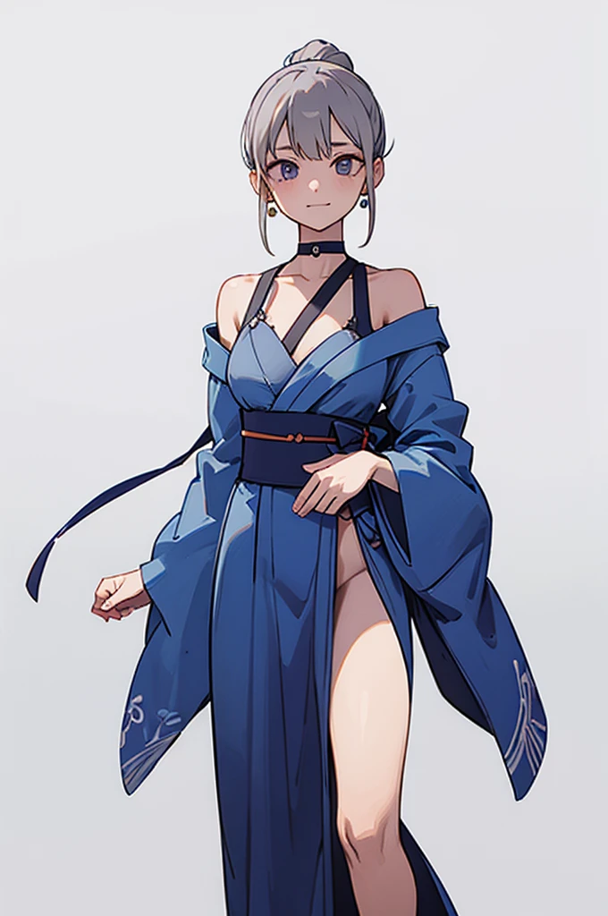 Blue Yukata、Gray Hair、Mischievous face、Choker on neck、Big earrings、Arms crossed、Only the mouth is smiling、Straw sandals、Choker on right leg、Shoulders are out(whole body、Are standing、、White background)