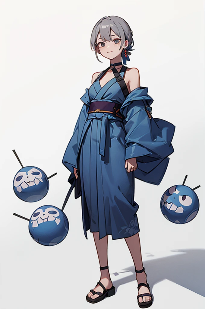 Blue Yukata、Gray Hair、Mischievous face、Choker on neck、Big earrings、Arms crossed、Only the mouth is smiling、Straw sandals、Choker on right leg、Shoulders are out(whole body、Are standing、、White background)