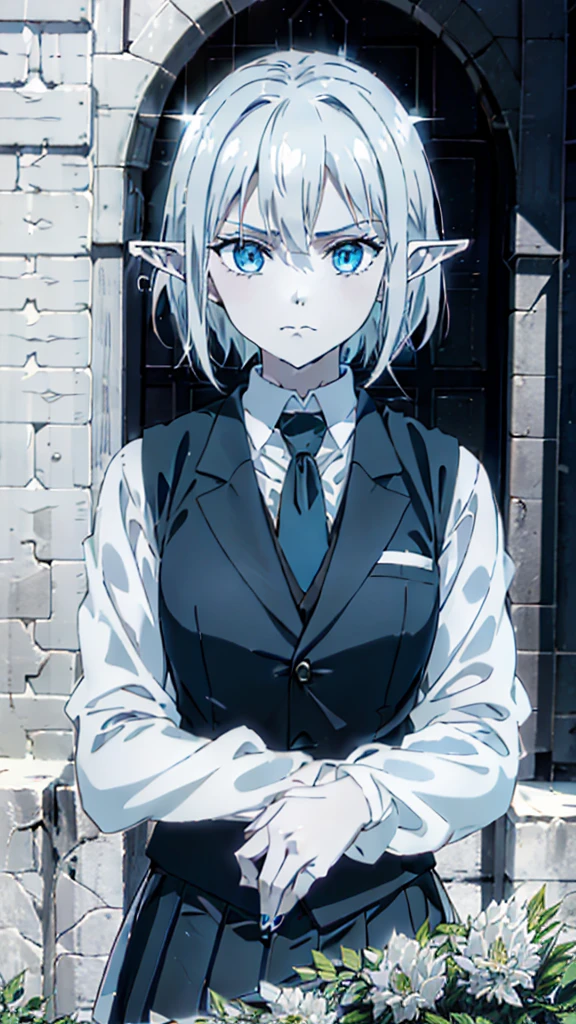 1girl ,solo,20s,mature female,serious face,short hair,elf ears,(grass),shirt,black standard tie,blue blazer,long sleeves, black pleated skirt,(upper body),frosty white Skin , Icy white hair ,Glacial blue eyes,made_of_ice