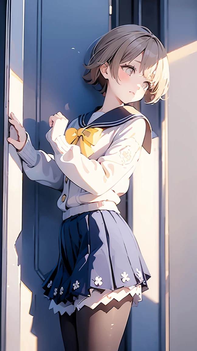 ((masterpiece,best quality)), (illustration), solo, hifumi (blue archive), halo, black pantyhose,light brown short hair, school uniform, yellow eyes, sailor collar, pleated blue skirt, white cardigan, long sleeves, blush, frilled skirt