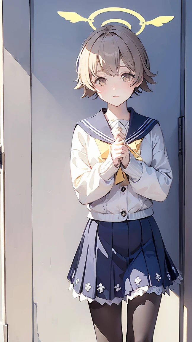 ((masterpiece,best quality)), (illustration), solo, hifumi (blue archive), halo, black pantyhose,light brown short hair, school uniform, yellow eyes, sailor collar, pleated blue skirt, white cardigan, long sleeves, blush, frilled skirt