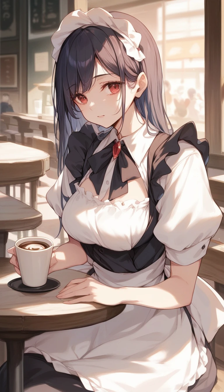 （masterpiece：1.2），Best quality，Perfect Anatomy，Very detailed，1 Girl，Solitary, high resolution，Red eyes，Maid costume，black，sitting in café，Holding a cup of coffee
