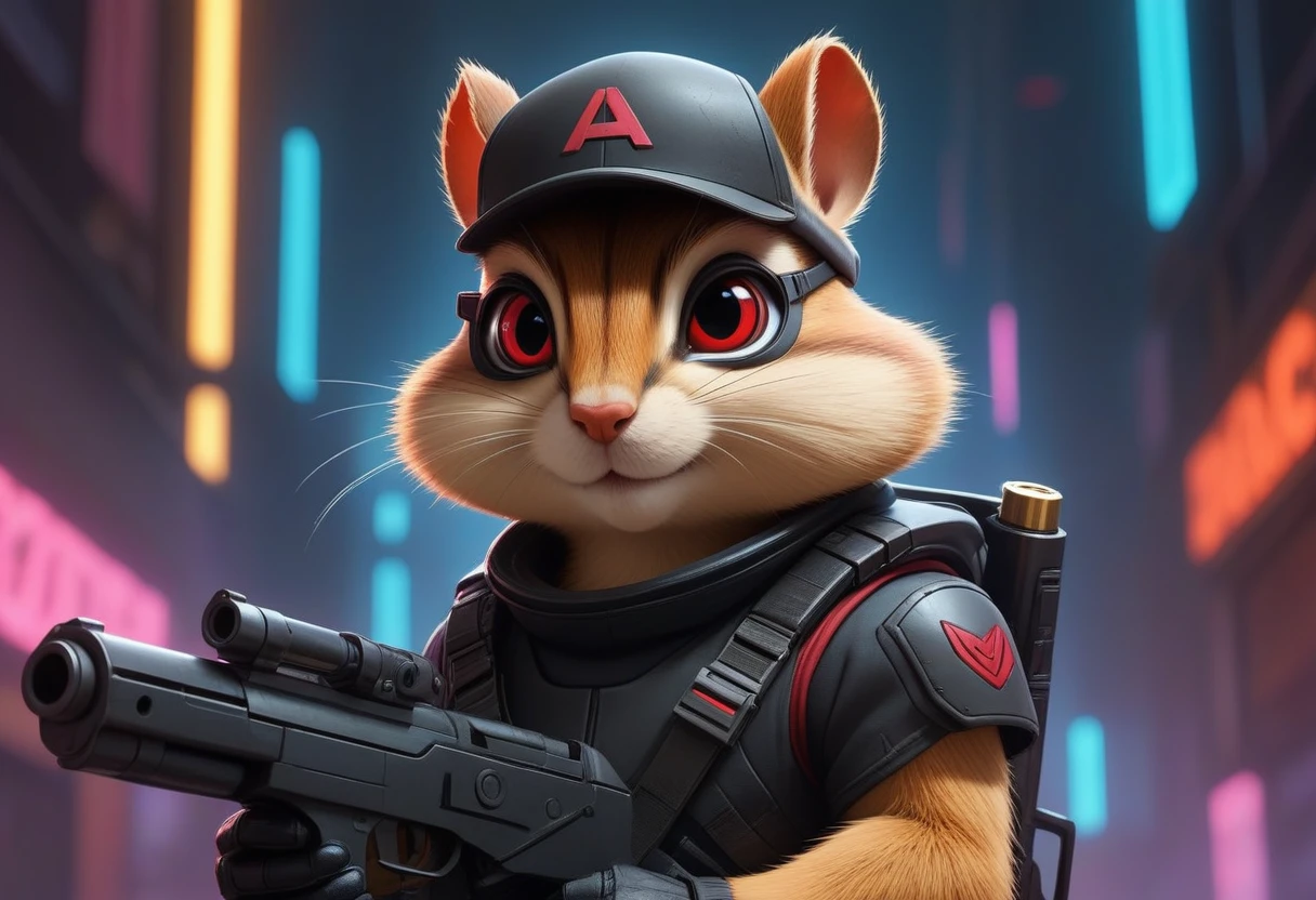 ASCIImasterpiece Comic 2 (((Cyberpunk))) Chipmunk with a gun, bionic (Prosthesis), Glittering red eyes, ((Futuristic, Dystopia, Neon Colors)), symmetry, Very detailed, number, Art Station, Concept Art, Clear focus, illustration, Volumetric Lighting, Epic Composition, 8K, painting, CG Society