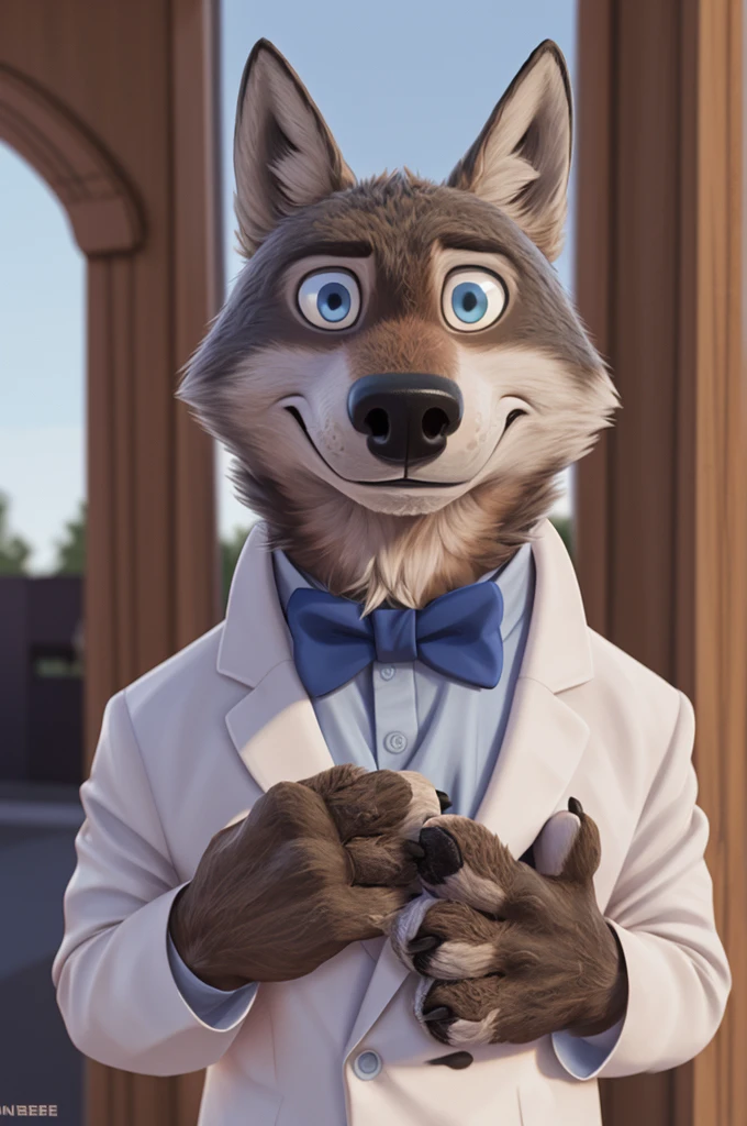 Larry (Zootopia), wolf, Gray Fur, (brown body:1.3), beautiful blue eyes, Zootopia, dressed,white jacket,pink shirt,White pants,the bow tie,canine,wolf, detailed fur, male, second, paw pads, finger claws,одевает the bow tie, Games,At the viewer, 5 fingers, paws, 4 toes, in the wedding palace, groom,finger ring, holds, flowers for wife,
BREAK from nextel, for dating, by xenoforge, (difficult, high detail,digital photography, soft focus, RAW, close to the camera, smile, positive, Good, mood, Houses, looks at the viewer, очень close to the camera, in the shop,his wedding, marriage palace combination,
Photorealism, realistic, photorealistic,digital style, Subsurface scattering,очень close to the camera
шедевр, Best quality, ultra realistic, 8 thousand.)