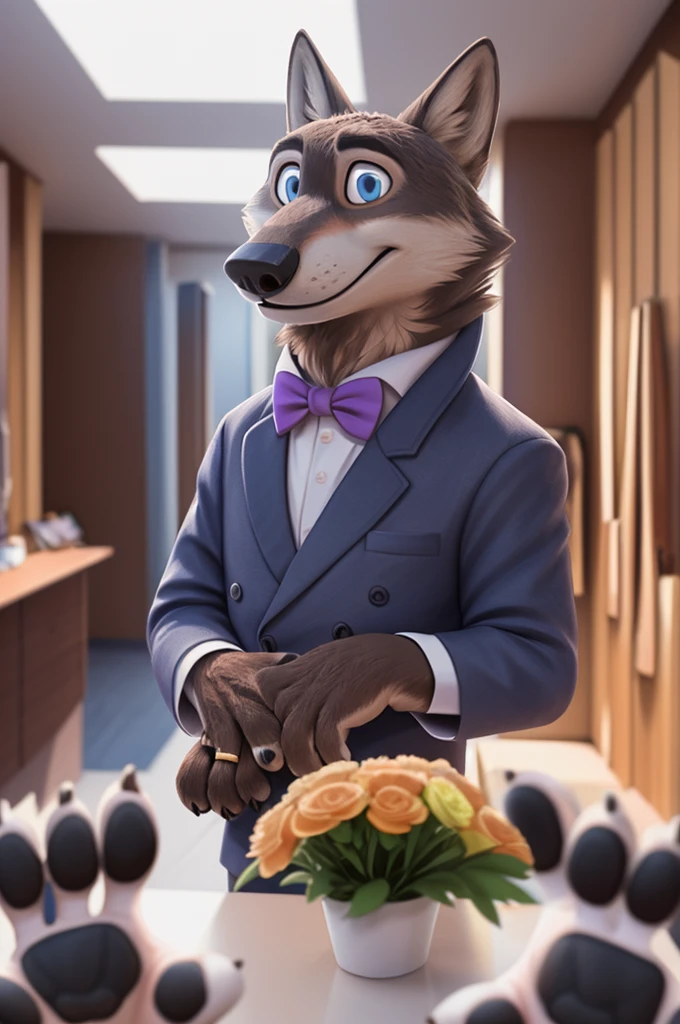 Larry (Zootopia), wolf, Gray Fur, (brown body:1.3), beautiful blue eyes, Zootopia, dressed,white jacket,pink shirt,White pants,the bow tie,canine,wolf, detailed fur, male, second, paw pads, finger claws,одевает the bow tie, Games,At the viewer, 5 fingers, paws, 4 toes, in the wedding palace, groom,finger ring, holds, flowers for wife, 
BREAK from nextel, for dating, by xenoforge, (difficult, high detail,digital photography, soft focus, RAW, close to the camera, smile, positive, Good, mood, Houses, looks at the viewer, очень close to the camera, in the shop,his wedding, marriage palace combination, 
Photorealism, realistic, photorealistic,digital style, Subsurface scattering,очень close to the camera
шедевр, Best quality, ultra realistic, 8 thousand.)