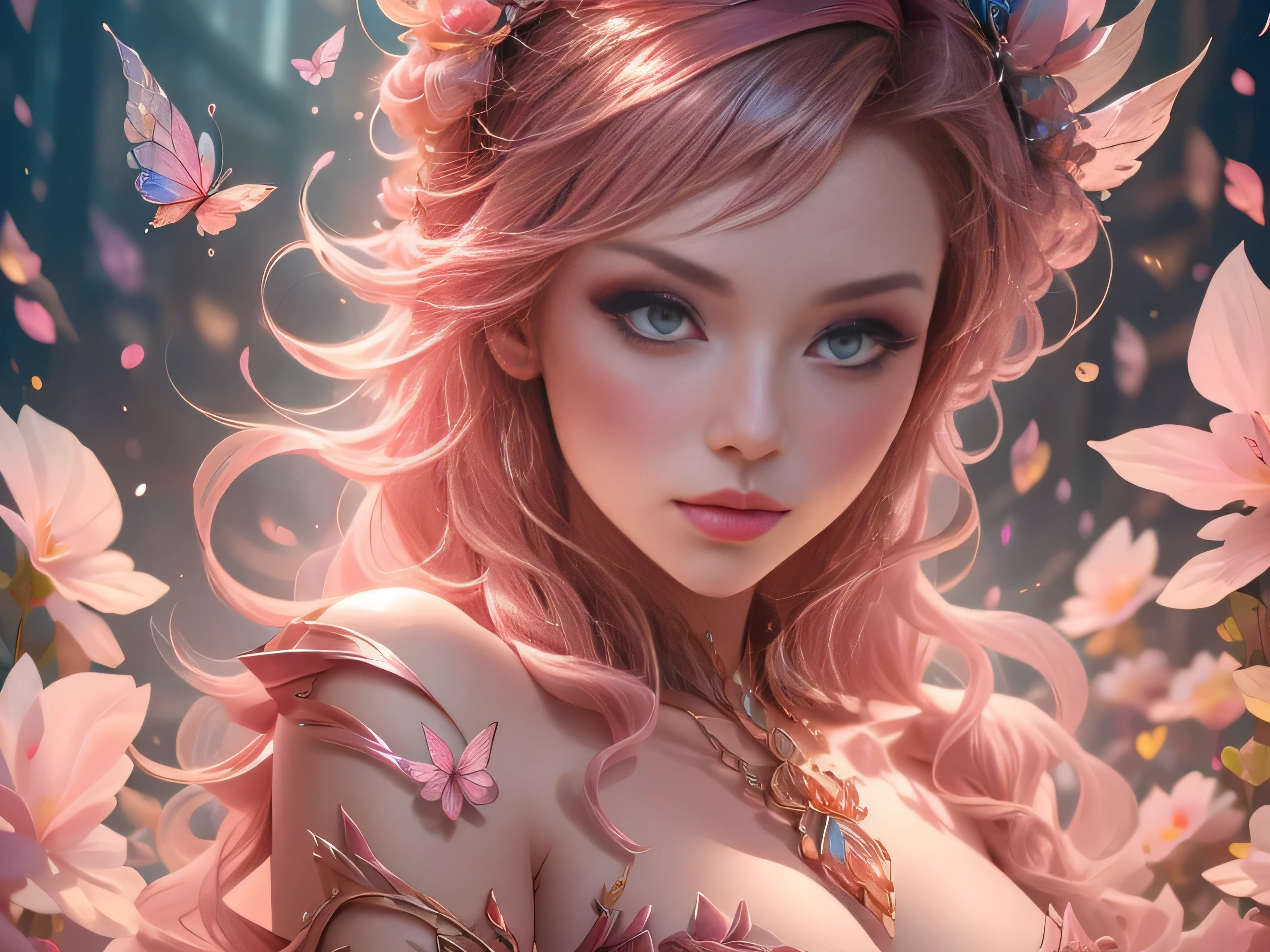 (Best Quality, 8K, Masterpiece, HDR, Soft Lighting, Picture Perfect, Realistic, Vivid), Cat Girl (1.0), Cat Girl with Red Hair and brown eyes and Sexy Revealing Clothes, Pink Bodysuit with Glitter Texture, Beautiful Anime Fantasy, Very beautiful and cute cat girl, large pink butterflies fly around, background blur, anime fantasy, work in Gouves style, realistic: 1.37, top view, red cat girl lies in blue flowers, large pink butterflies fly around, horizontal view, (Ultra High Quality Fantasy Art), Masterpiece, Female Model, Ultra High Quality Female Character Designs, Detailed 8k Anime Art, Realistic Anime Art, Highest Quality Wallpapers, Intricate Ultra High Quality Accurate Female Character Faces, High Quality Designs and Accurate Physics (Fantasy - Ultra High Quality) quality) quality)) art), dark fantasy style), masterpieces, super high-quality characters, anime resolution - 8K, realistic anime art, wallpaper with the highest quality illustrations, ultra-high detail of faces, high-quality design and accurate physics), color, depth of field, shadows, ray tracing, high quality workmanship. -high quality and 8K resolution, (Accurate simulation of the interaction of light and materials)], [High-quality hair detail [More about beautiful and shiny red hair]], (Beautifully detailed hands [perfect fingers [Perfect nails]]], (perfect anatomy (perfect proportions)))) [[Full-length]], [Perfect combination of colors (Accurate imitation of the interaction of light and material)], [art that conveys the meaning of the story](modified)