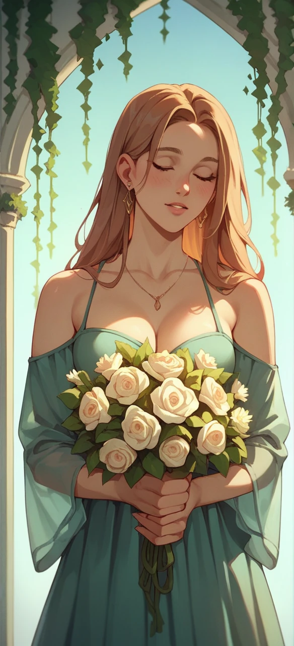 A woman in a black niqab stands amidst lush greenery, holding a delicate bouquet of flowers. The serene environment and her calm demeanor create a sense of peacefulness and contemplation. captures a moment of quiet beauty and reflection."