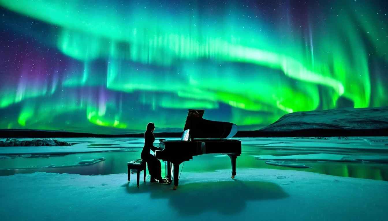 A mysterious and enchanting scene with a single piano under a sky full of aurora borealis. ((A beautiful woman is standing in front of the piano.)) The surrounding ice reflects the view of the sky, and the place is surrounded by silence. The piano is lit up and looks even more divine.