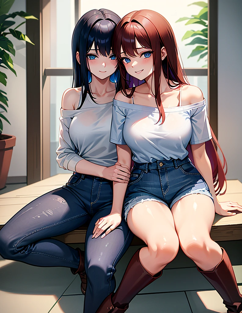 18 year old young girl, long haired redhead with blue eyes, Short white off-the-shoulder shirt, short blue denim shorts, SMILE, smiling, short brown boots with white, embraced with young girl long black hair blue eyes, strong blue denim short shorts, hugged,