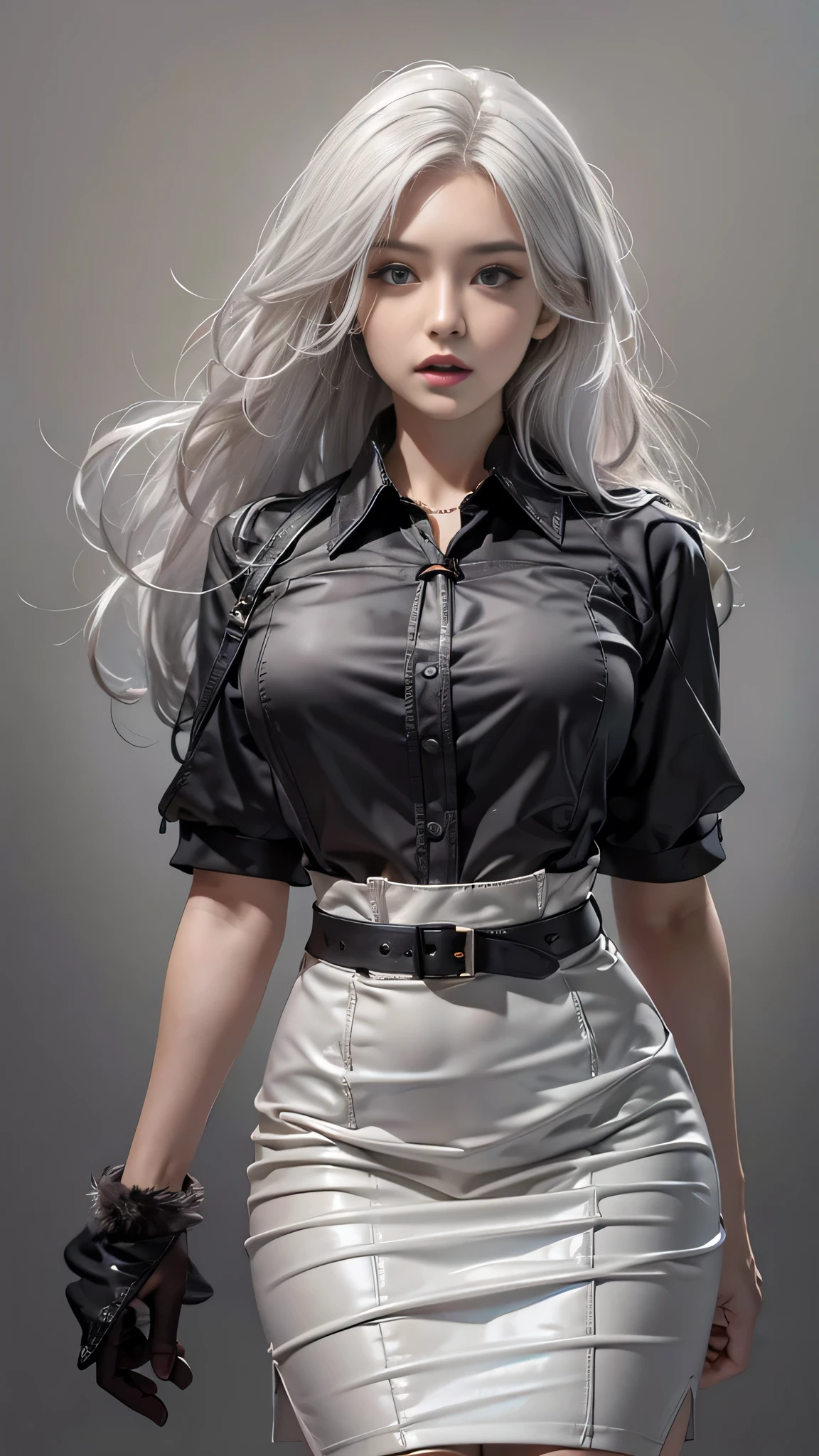 Photorealistic, High resolution, 1 Women, Solo, hips up high, Beautiful eyes, Close lips, Detailed face, White hair, Long hair, Collared shirt, black necktie,Black skirt, pencil skirts, Fur coat, Black stockings