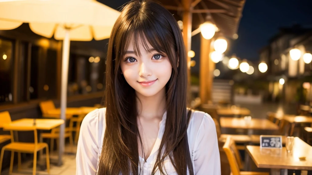 Cute girl working at a cafe terrace　Japanese　１９age　
Professional Lighting　Digital SLR　Beautiful and elaborate face　Perfect and beautiful face　Big eyes Smile