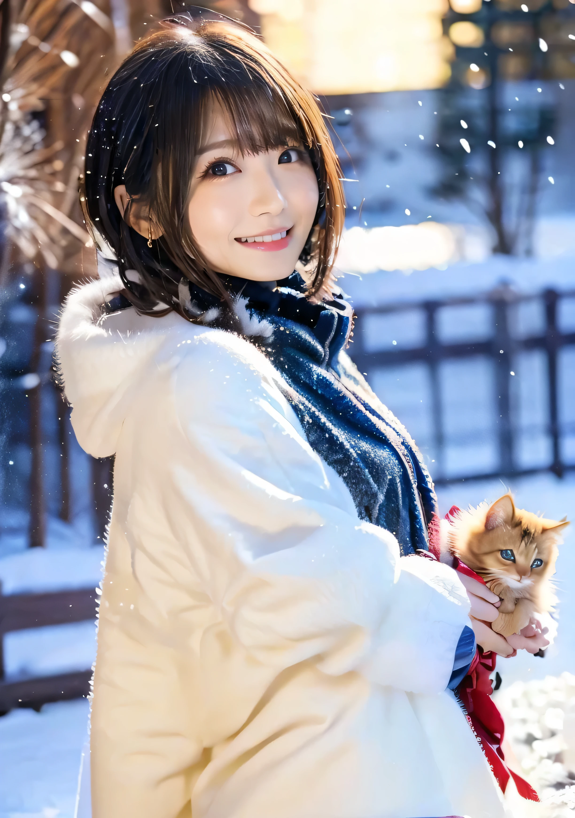 A toothy smile、blue eyes、Holding a kitten、Photo from the waist up、Night city illumination shot、Cowgirl Shot、Fur coat、Luxurious grey mink fur coat、Wear fine leather boots、Luxury Bags、Inner turtleneck、Silver necklace and small silver earrings Millionaire style:1.4））、Full body photo、smile、 Caustics、Highly detailed photos、Very beautiful woman 、Ample breasts、No makeup、(8K、RAW Photos、Highest quality、masterpiece:1.2)、(Realistic、Realistic)、1 Girl、((Medium Short Hair、Midwinter、Cold region Snow falling、The wind is blowing、Fluttering Hair、Blur the background、Colorful illuminations、Looking into the camera:1.4))、
