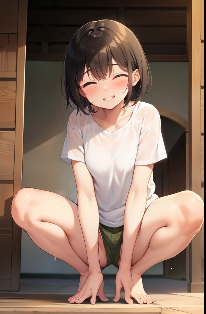 Inside the temple,smile,Squat,Close ~ eyes,1 ,short hair,Black Hair,blush,White T-shirt,Olive green shorts,barefoot,White skin,summer,From below,shy,Sweat,Open your mouth,Wet,Grin,