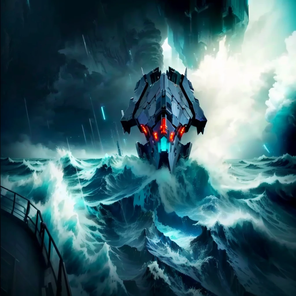 There is a big ship in the middle of a stormy ocean, from the pacific coast, a ship lost in a storm, Fearsome scary spaceship, broken ruin Pacific Rim Jaeger, The spaceship sank, Cherenkov radiation, Pacific Rim Jaeger, arte the fan, conceptual art, Scylla and Charybdis, stylized storm, alien shipwreck