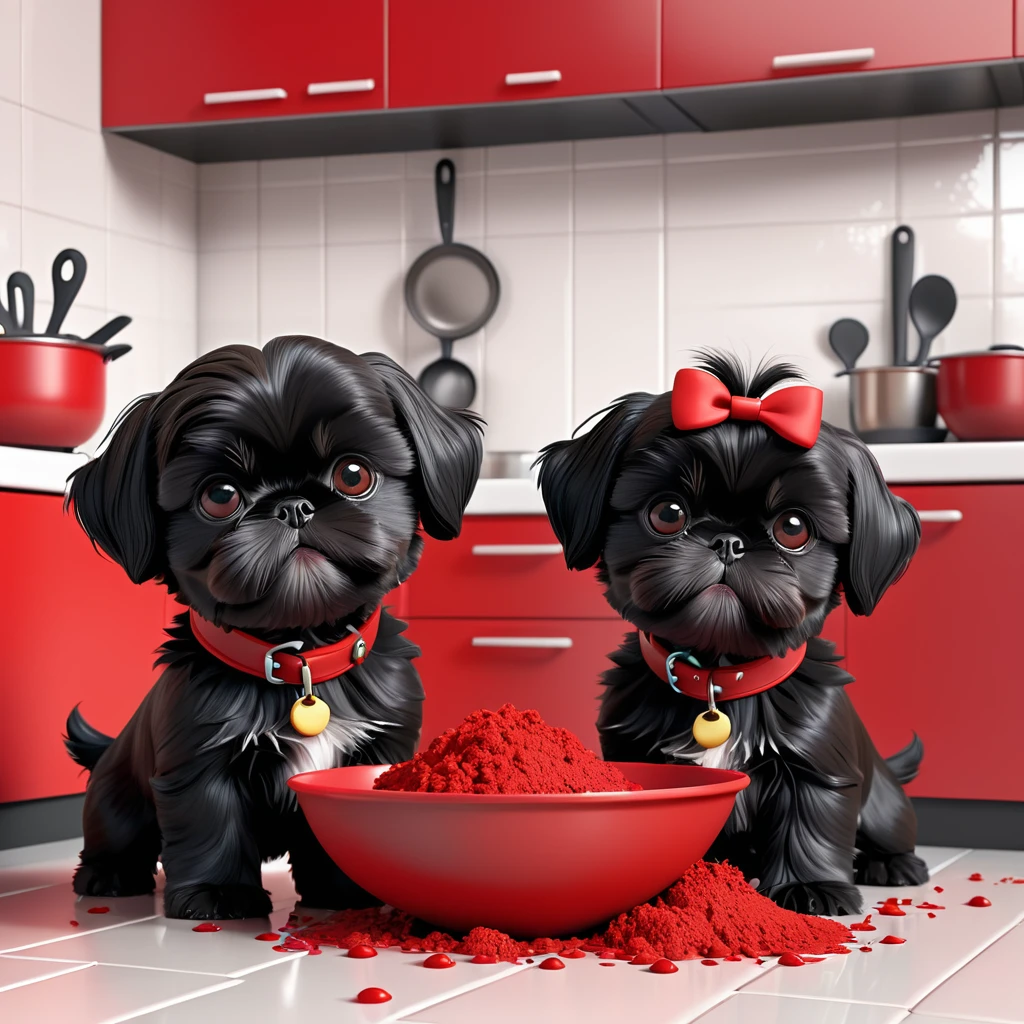 2 Adorable small black Shih Tzu puppies wearing red collars playing, making a mess in Disney kitchen 3d cartoon, 3d render, disney pixar style