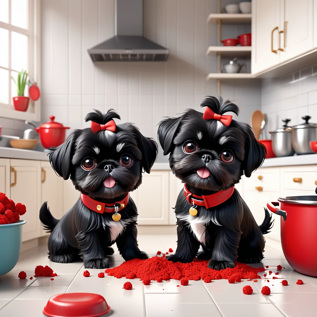 2 Adorable small black Shih Tzu puppies wearing red collars playing, making a mess in Disney kitchen 3d cartoon, 3d render, disney pixar style