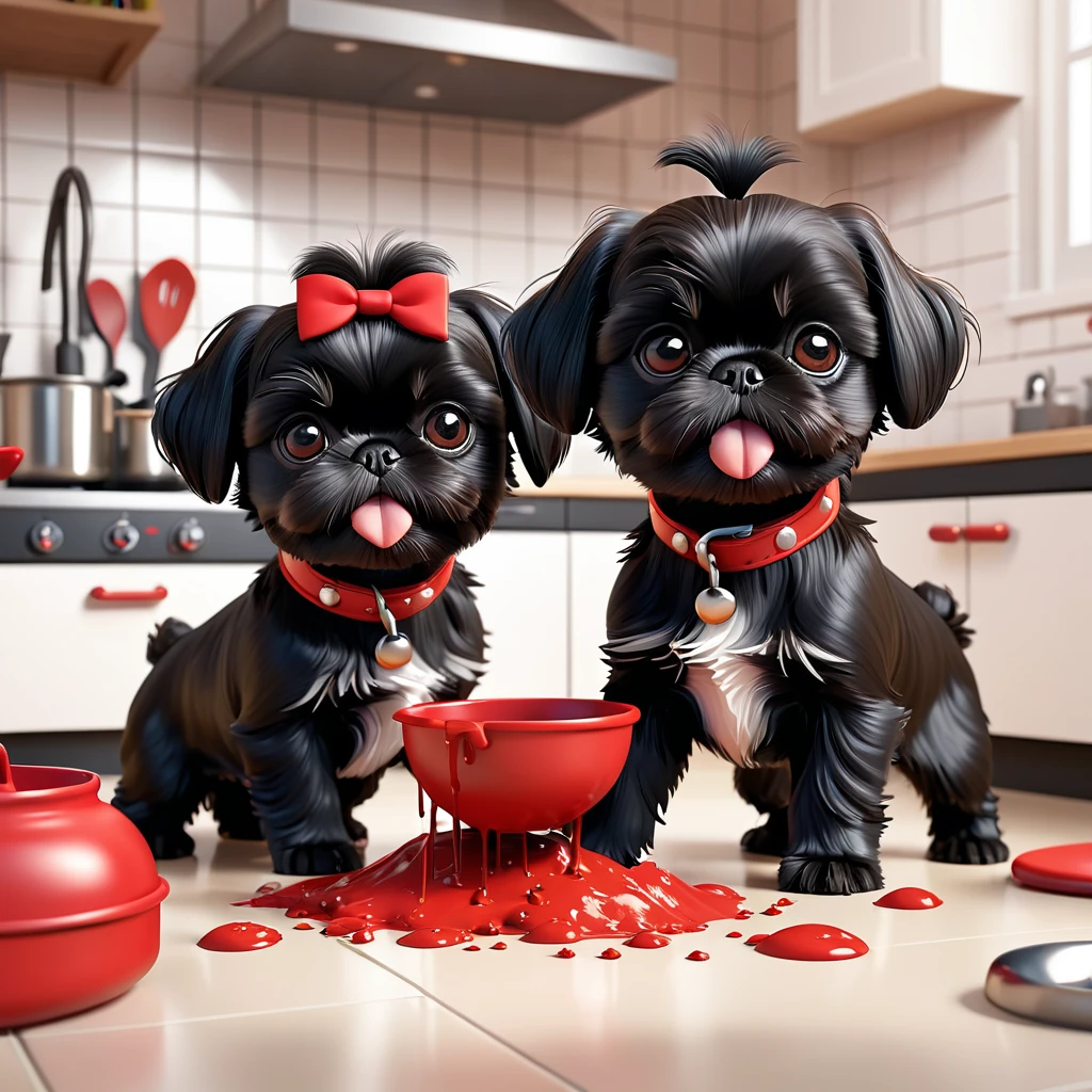 2 Adorable small black Shih Tzu puppies wearing red collars playing, making a mess in Disney kitchen 3d cartoon, 3d render, disney pixar style