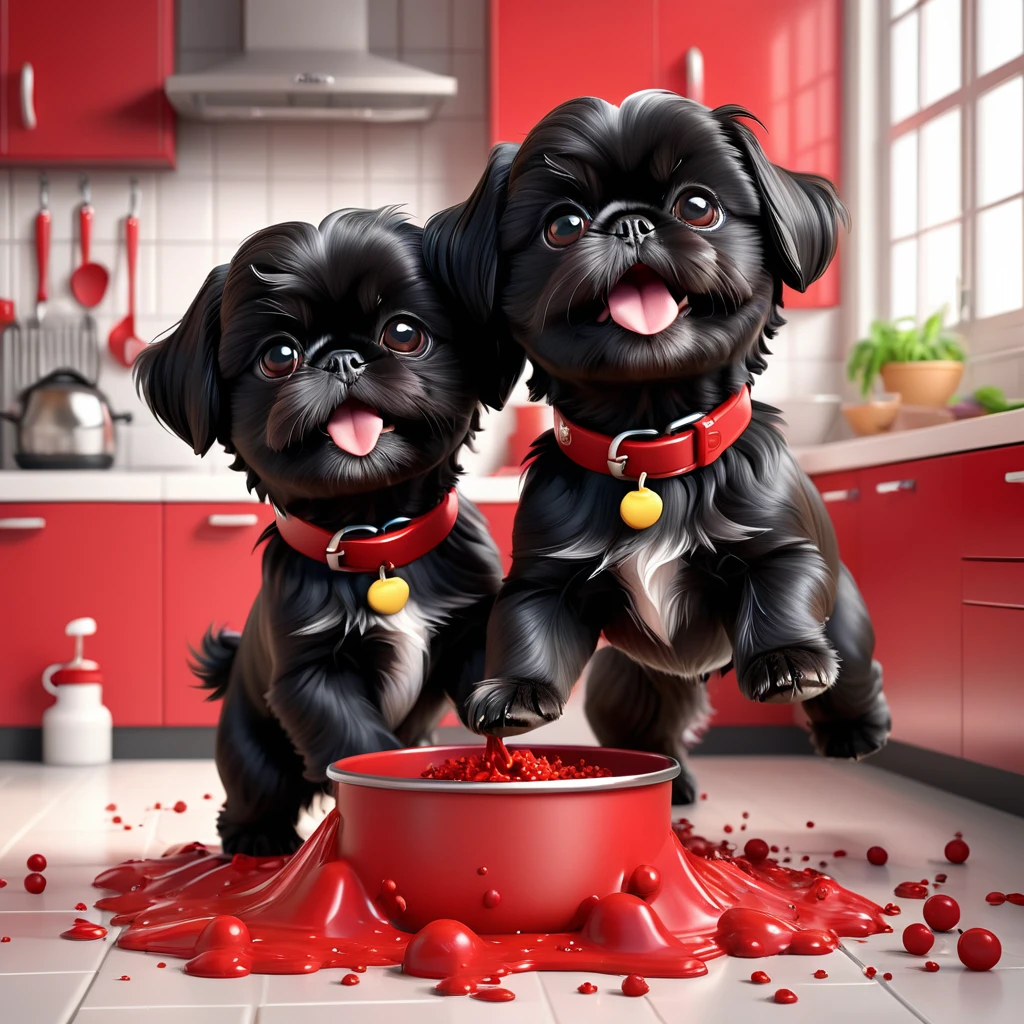 2 Adorable small black Shih Tzu puppies wearing red collars playing, making a mess in Disney kitchen 3d cartoon, 3d render, disney pixar style