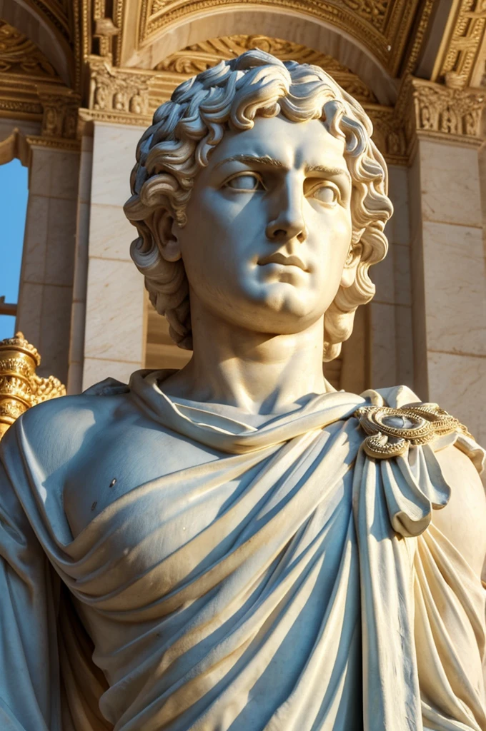 8k classical male statue, low angle perspective, noble and heroic demeanor, draped in intricately detailed toga, ornamental element on left shoulder, well-defined features with strong jawline and straight nose, curly voluminous hair, dramatic lighting with strong shadows, mix of warm tones and bluish highlights