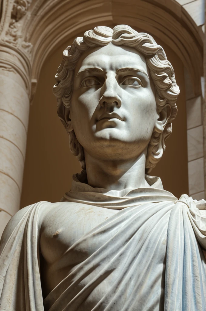 8k classical male statue, low angle perspective, noble and heroic demeanor, draped in intricately detailed toga, ornamental element on left shoulder, well-defined facial features with strong jawline and straight nose, curly voluminous hair, dramatic lighting with strong shadows, mix of warm tones and bluish highlights