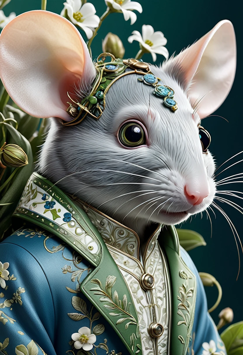 Mechanical rats，lifelike，Anthropomorphic mice，Character setting，Ultra-detailed graphics，Delicate face，8K，magazine cover，Floral background decoration，Strong color contrast，Darker color，Blue, green and white