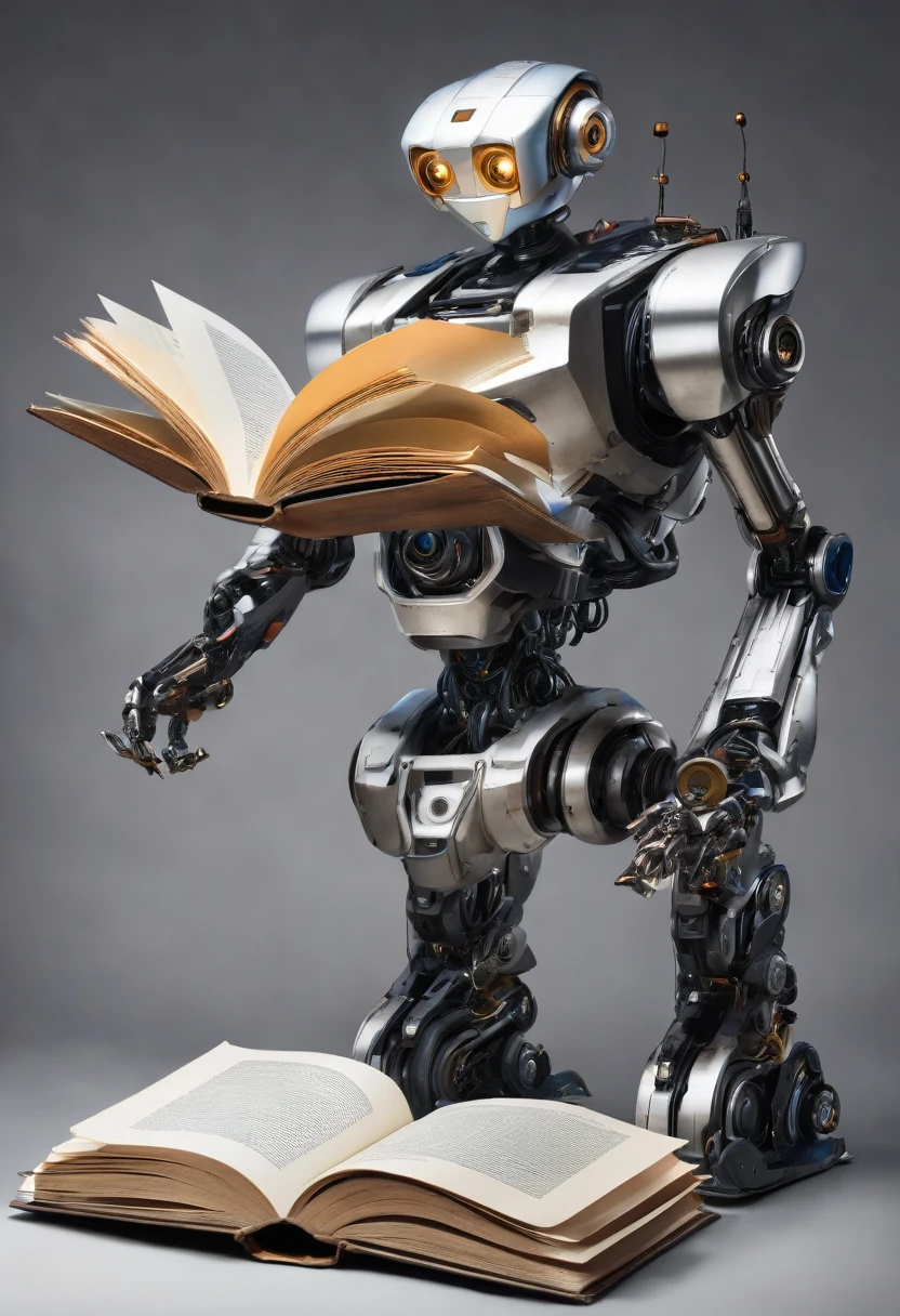 
a robot leafing through a book and teaching a 