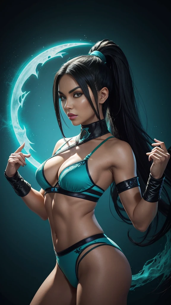 there is Jade from mortal kombat, Mortal Kombat video game, black headband, long hair, there is Jade from mortal kombat, Mortal Kombat video game,, turquoise blue lingerie, (Small panties), pose sexy, , perfect high resolution image, seductive sexy pose with hands up
