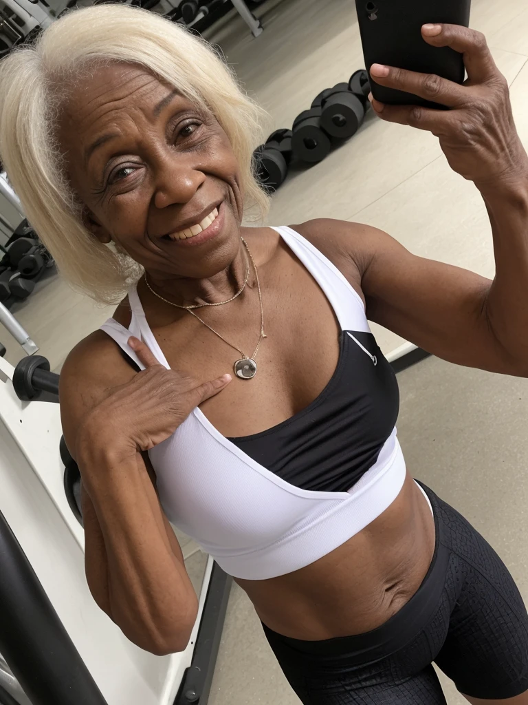 Androeda, solo, realistic, black girl, ((85-year-old girl)), (()), ((old woman)), ((wrinkled woman)), african american old woman, old black woman, dark-skinned, (((upper body only))), ((at the gymnasium)), ((selfie shot)), smiling, wearing attractive tops, white hair