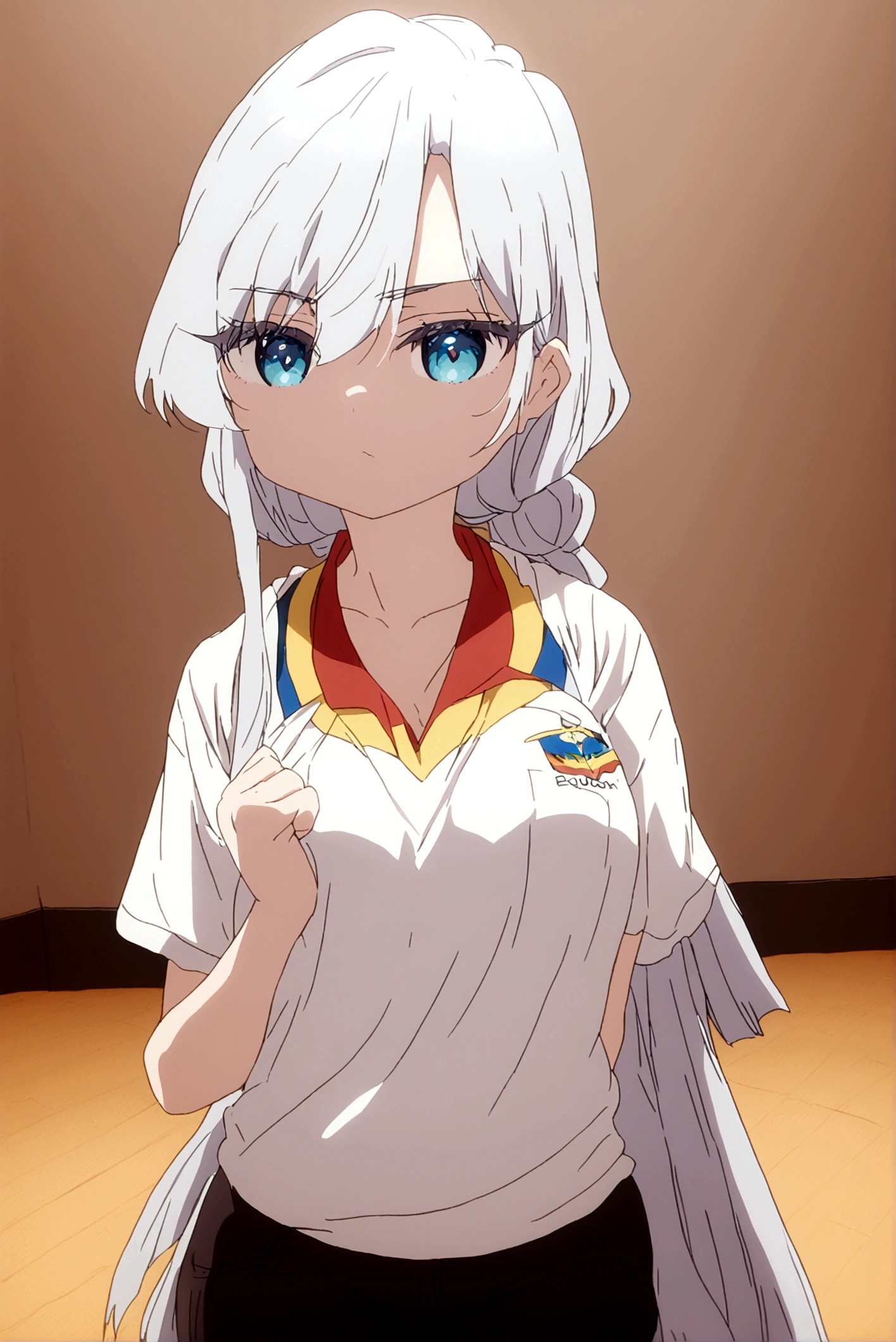 white hair girl (nano) wearing the Ecuador shirt